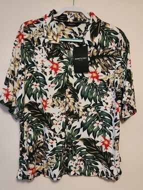 Kenneth Cole White Tropical Floral Camp Shirt with Green and Red Accents Sz XL
